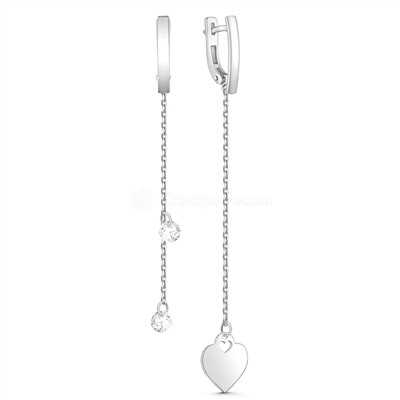 Серьги длинные асиметричные сердце из серебра с фианитами родированные 925 пробы 421-10-638р