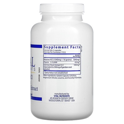 Vital Nutrients Бетаин HCl, пепсин, экстракт корня горечавки, 225 капсул