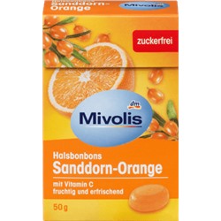 Mivolis Bonbon, Sanddorn-Orange, zuckerfrei Миволис пастилки от горла облепиха-апельсин с Витамином С и экстрактом 18 трав, без сахара, 50 г