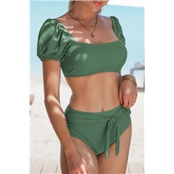Зеленый раздельный купальник бикини на завязках : топ с короткими пышными рукавами + плавки с высокой талией