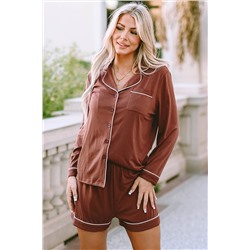 Brown Contrast Pipings Long Sleeve Shorts Pajamas Set