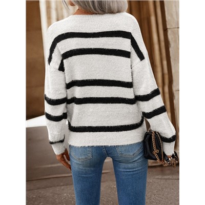 Pullover mit Streifen Muster, Drop Shoulder