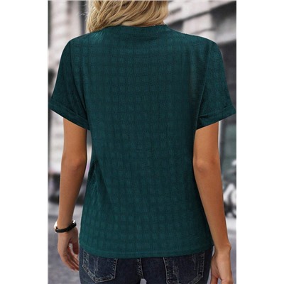 Sea Green Solid Textured Split Neck Short Sleeve Blouse