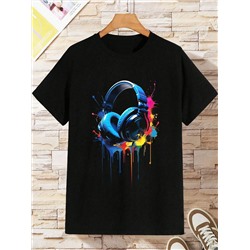 SHEIN Tween-Jungen Rundhals-T-Shirt mit trendigem Kopfhörer-Design und Aufdruck, kurzärmelig, Sommer