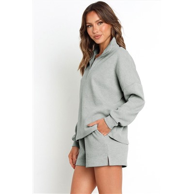 Gray Ribbed Zipper Sweatshirt and High Waist Shorts Set