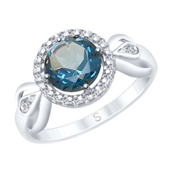 Кольцо из серебра с синим топазом и фианитами, 92011674