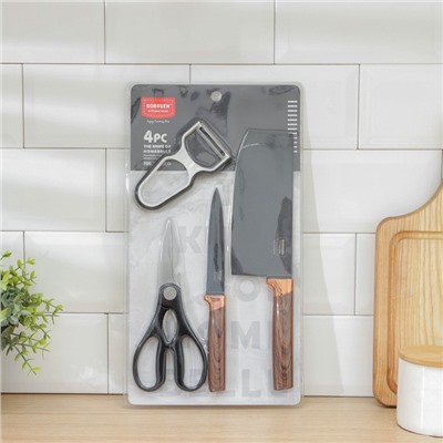 Набор кухонных принадлежностей Bobssen, 4 предмета: ножи 12,5 см, 20,5 см, ножницы, металлическая овощечистка