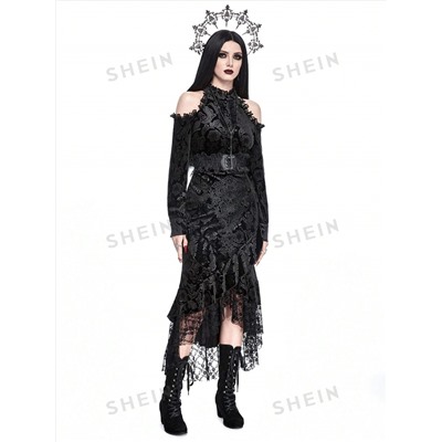 ROMWE Vintage sexy gotisches elegantes Spitzen-Patchwork-Kleid mit langen Ärmeln, geeignet für Halloween