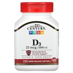 21st Century Витамин D3, 25 мкг (1000 МЕ), 250 мягких таблеток с быстрым высвобождением