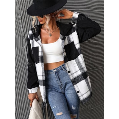 SHEIN LUNE Mantel mit Kapuze, Plaid Muster, Drop Shoulder