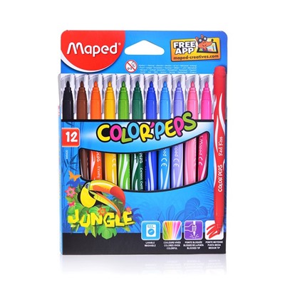 Maped. Фломастеры "Color'Peps Jungle" с пишущ узлом, средний пишущ узел, смываемые (12цв) арт.845420