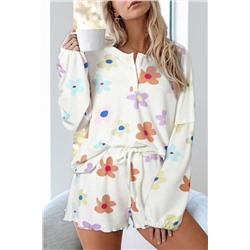 White Floral Long Sleeve Henley Top and Drawstring Shorts Set