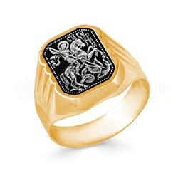 Кольцо-печатка из золочёного серебра с чернением - Георгий Победоносец 925 пробы КЖЗ-062
