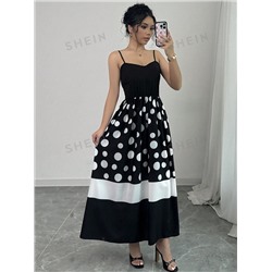 SHEIN Privé Elegantes langes Damen Sommerkleid mit Spaghetti-Trägern und Schwarz-Weiß Pünktchen Muster