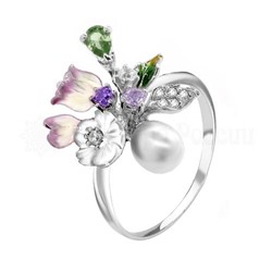 Кольцо из серебра с культ.речным жемчугом, перламутром, юв.стеклом, цирконием и эмалью родированное