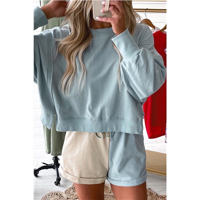 Sky Blue Split Hem Sweatshirt Color Block Shorts Set