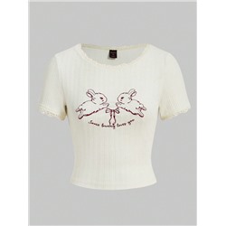 ROMWE Kawaii Slim-fit-t-shirt Für Damen Mit Kaninchen-stickerei, Rundem Ausschnitt Und Floralem Spitzendetail