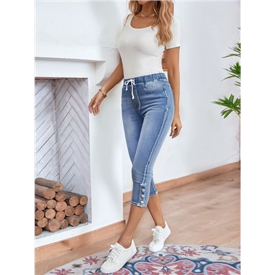 EMERY ROSE Jeans mit Tunnelzug, Knopf, Saum Capri