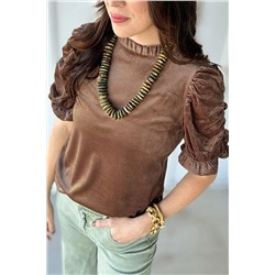 Camel Ruffled Arm Velvet Top