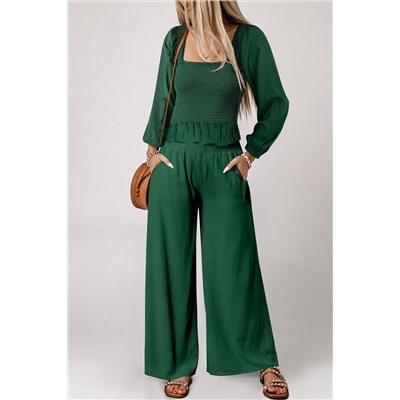 Green Square Neck Smocked Peplum Top and Pants Set