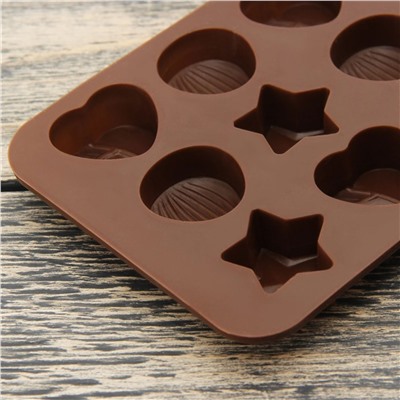 Форма для льда и шоколада Звёзды, ракушки, сердца 15 ячеек