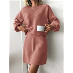 SHEIN Zweiteiliges Set Aus Einfarbigem Pullover Und Rock Mit Rundhalsausschnitt Für Damen