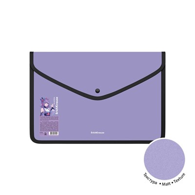 Папка-конверт на кнопке, А4, 600 мкм, ErichKrause "Matt Manga", с текстильной вставкой, с расширением, непрозрачная микс