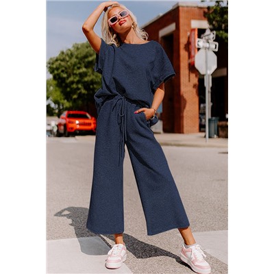 Navy Blue Textured Loose Fit T Shirt and Drawstring Pants Set