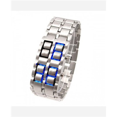 LED-часы "Самурай" Серебристый браслет, синие диоды 9046180