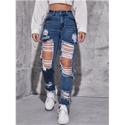 Jeans mit hoher Taille, Riss, umgesäumtem Saum