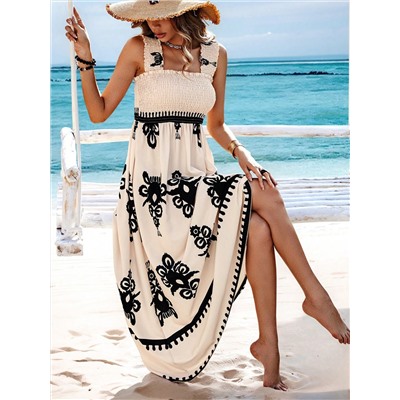 SHEIN VCAY Gerafftes Damenkleid Im Resort-stil Mit Print