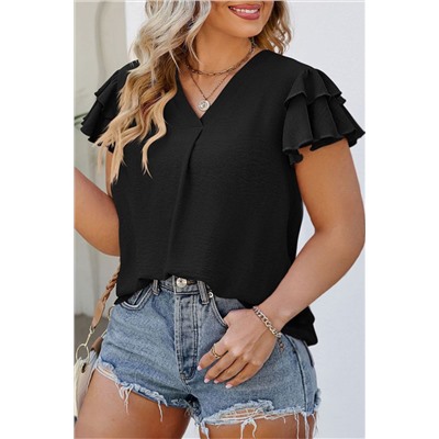 Black Ruffled Short Sleeve V Neck Plus Size Blouse