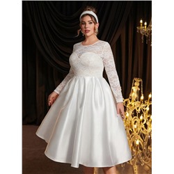 SHEIN Belle Große Größen weißes Satin Elegant Maxikleid mit Spitze Patchwork für Braut, Hochzeitsempfang