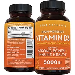 Viva Naturals D3 Vitamin 5000 IU Softgels (125 mcg), 360 Softgels - High Potency Vitamin D Supplements for Healthy Immune Function, Bones & Muscles - Made with Organic Liquid Coconut Oil