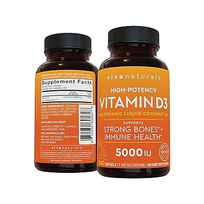 Viva Naturals D3 Vitamin 5000 IU Softgels (125 mcg), 360 Softgels - High Potency Vitamin D Supplements for Healthy Immune Function, Bones & Muscles - Made with Organic Liquid Coconut Oil