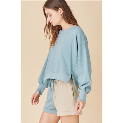 Sky Blue Split Hem Sweatshirt Color Block Shorts Set