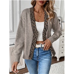 SHEIN Frenchy Oversized, lässige Strickjacke mit Leopardenmuster und langen Ärmeln für Damen, Herbst/Winter, Drop-Shoulder