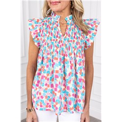 Sky Blue Shirred Yoke Ruffled Abstract Printed Blouse