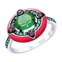Кольцо из серебра с эмалью с зелёным ситаллом и зелеными и сиреневыми фианитами, 92011701