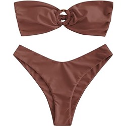 ZAFUL Women's Bandeau Bikini O Ring Strapless Tie Back High Cut Two Piece Swimsuit Bathing Suits