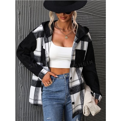 SHEIN LUNE Mantel mit Kapuze, Plaid Muster, Drop Shoulder