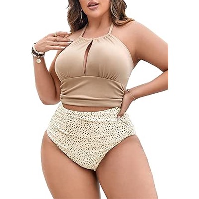 SOLY HUX Women's Plus Size Printed Halter Ruched High Waisted Bikini Set 2 Piece Swimsuit Bathing Suits