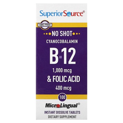 Superior Source Цианокобаламин B-12 и фолиевая кислота, 100 мгновенно растворяющихся таблеток MicroLingual