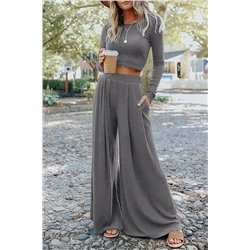 Gray Solid Color Ribbed Crop Top Long Pants Set