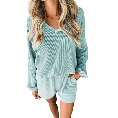 Mist Blue Corded V Neck Slouchy Top Pocketed Shorts Set