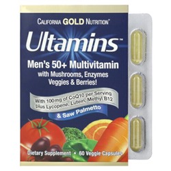 California Gold Nutrition Ultamins Мужской Мультивитамин 50+ с CoQ10, Грибами, Энзимами, Овощами и Ягодами - 60 растительных капсул - California Gold Nutrition