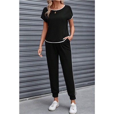 Black Colorblock Trim Casual Two Piece Lounge Set