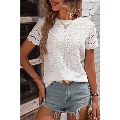 White Eyelet Embroidery Scalloped Short Sleeve Top