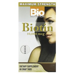 Bio Nutrition Биотин, максимальная сила, 10 000 мкг, 60 таблеток Snap