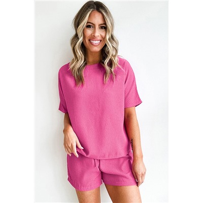 Rose Red Casual Textured Tee and Drawstring Shorts Set